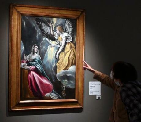 修復が完了し再展示されたスペインの巨匠エル・グレコが描いた「受胎告知」=1日、岡山県倉敷市の大原美術館