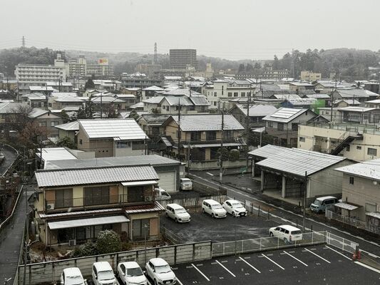 宇都宮市中心部で降る雪。屋根などにうっすらと雪が降り積もっている＝23日午前７時半