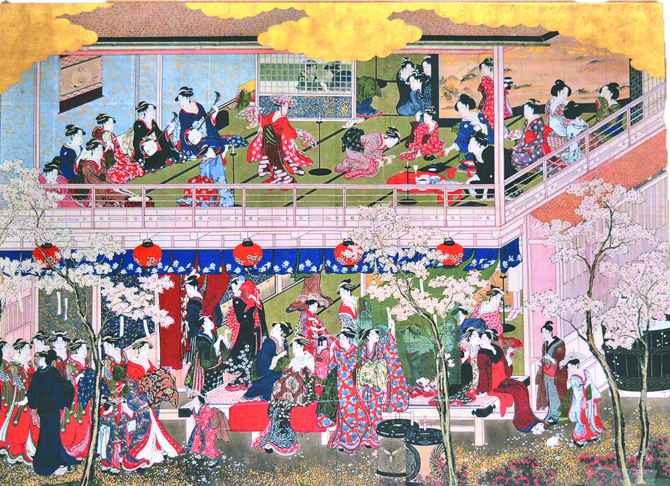 栃木市にゆかりの深い喜多川歌麿の肉筆画３部作「雪月花」の一つ「吉原の花」。高精細複製画を展示