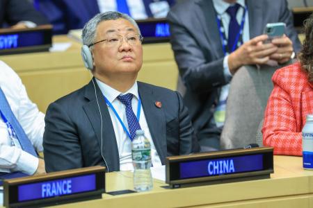 　中国の傅聡国連大使＝２０２５年９月、米ニューヨーク（タス＝共同）