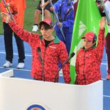 秋空に響く選手宣誓　五輪代表の楢崎智亜、狐塚美樹