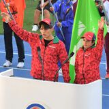 秋空に響く選手宣誓　五輪代表の楢崎智亜、狐塚美樹