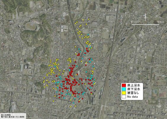 台風19号で床上・床下浸水した箇所を示した宇都宮市東・錦地区のマップ（坪井さん提供）
