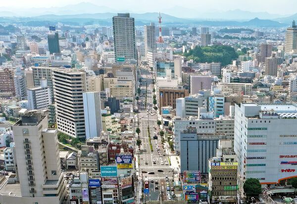 ＪＲ宇都宮駅から縦に伸びる宇都宮市中心部の大通り＝2024年、ドローンから