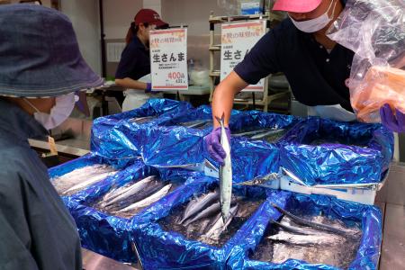 　東京都品川区の鮮魚店「中與（なかよ）商店」に並ぶサンマ＝２５日午前