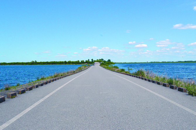 下宮橋から中の島まで伸びる道路。「ここはどこ」（※栃木市）と叫びたくなるような景色が広がる　