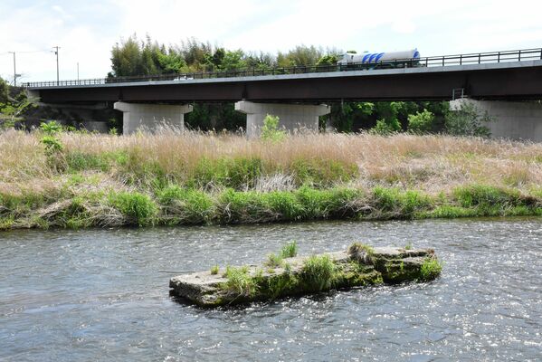 国道294号の箒川に架かる現在の橋りょう。手前の川の中に残るのは東野鉄道鉄橋の橋脚の一部