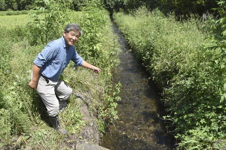 　コメ作りに活用している戦国時代の武家・真田家ゆかりの用水の一部を示す金井繁行さん＝２０２５年８月、群馬県沼田市