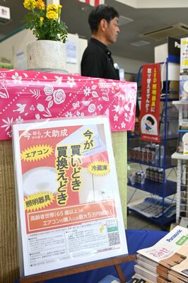 省エネエアコンなどの補助事業を知らせるチラシを店頭に掲示している電気店=28日午後、佐野市