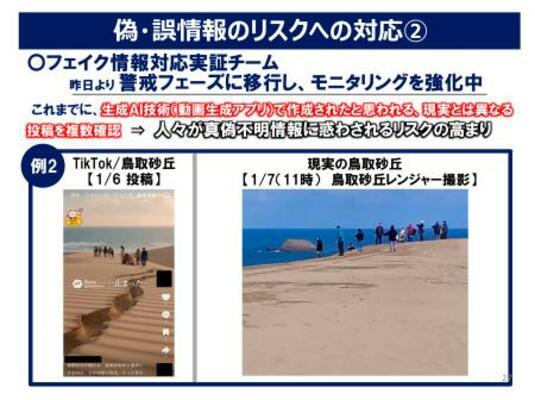 生成AIで作成されたと思われる鳥取砂丘の事実と異なる画像(左)と職員が現場を確認し撮影した画像(鳥取県のウェブサイトから)