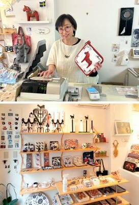 　東京・千駄木の「ＳＷＥＤＥＮ　ＧＲＡＣＥ」でレジ打ちをする川上麻衣子さん（上）と店内（下は提供写真）