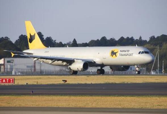　成田空港から離陸する、ヤマトＨＤと日本航空グループが就航させた貨物専用機＝２０２４年