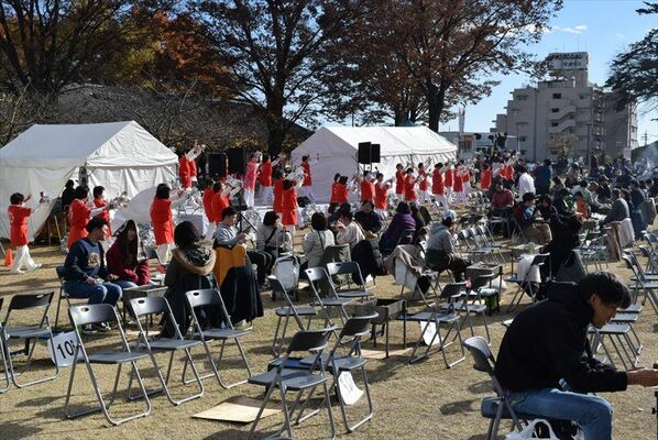 食肉まつりのステージではよさこい踊りなどの催しがあった＝２日午後、宇都宮城址公園