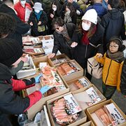 宇都宮市中央卸売市場で今年最後の朝市始まる　正月の買い出しで早朝からにぎわい　30…