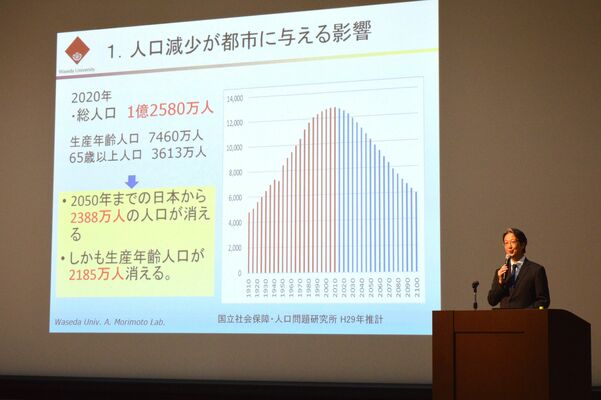 具体的データを交えて市の将来像などを示した森本教授