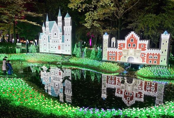 水面に映えるグリムの森のイルミネーション＝３日午後５時15分、下野市下古山