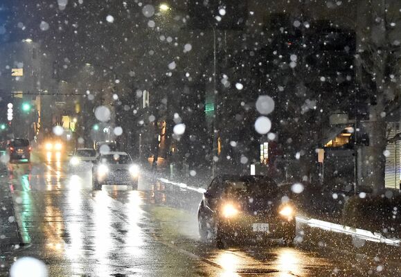 雪が降る市街地＝８日午後７時５分、宇都宮市昭和１丁目