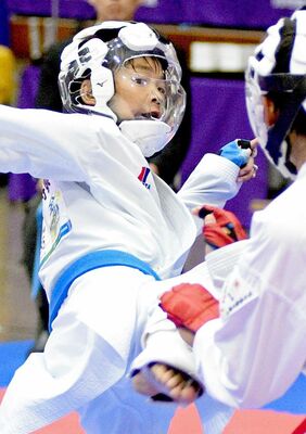 男子組手５年　志釜（群馬）－沼田（華拓会）決勝　沼田が蹴りで攻め立てる＝東京武道館