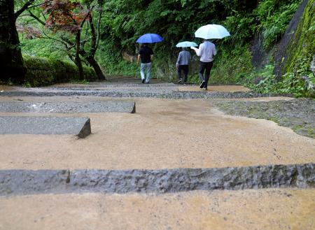 　舗装材に竹のチップが混ぜ込まれた国指定史跡「岡城跡」の歩道＝５月、大分県竹田市