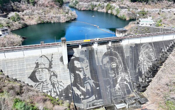 松田川ダムの堤体に描かれた巨大アート＝２日午前11時20分、足利市松田町、ドローンから、永嶌理絵撮影