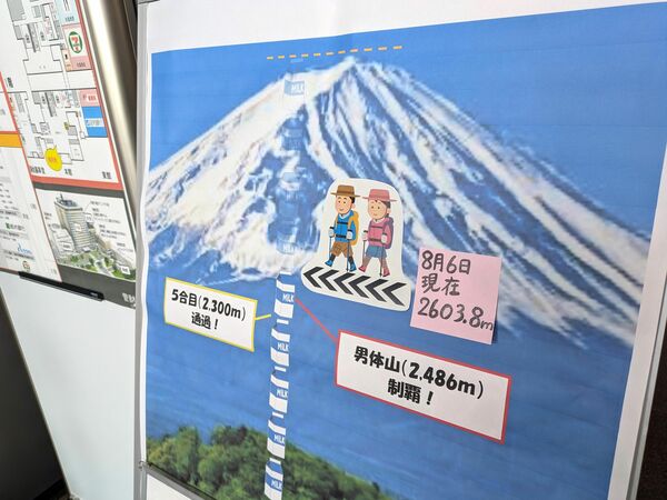 県庁ロビーに設置された「パック・トゥ・ザ・マウンテン」の看板=8月上旬