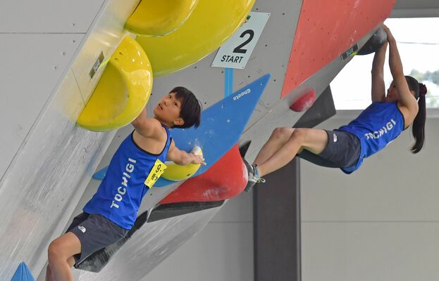 スポーツクライミング少年女子ボルダリング決勝　３位に入った本県の篠崎（左）と葛生＝壬生町総合運動場特設会場