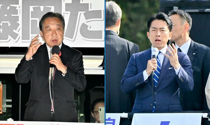 ４区候補者の応援演説をする自民の小泉選対委員長（右）、立民の野田代表＝22日、小山市