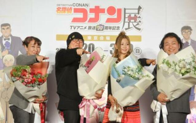 登壇した(左から)高山みなみ、青山剛昌、倉木麻衣、山口勝平=東京都内((C)青山剛昌/小学館・読売テレビ・TMS 1996)