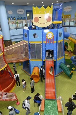 親子連れなどに人気のおもちゃ博物館の大型遊具。休日は多くの来場者が楽しむ