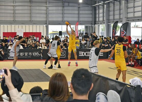 観衆の声援を受け、プレーするブレックスの選手たち＝27日午後４時、宇都宮市下平出町