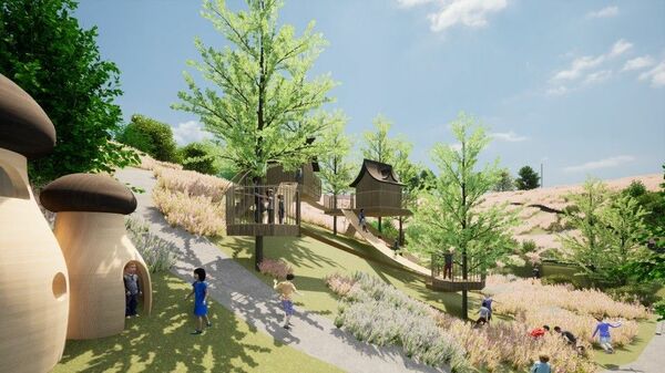 八幡山公園の自然や地形を生かした自然体験ゾーンのイメージ画像。ツリーハウスなどが楽しめる（市提供）