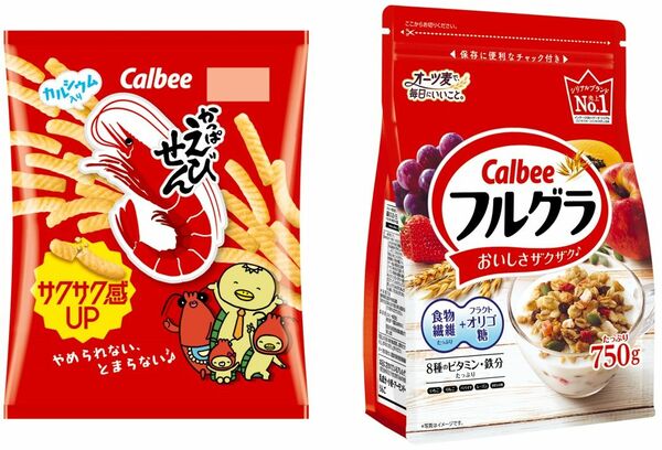 清原工場で製造しているかっぱえびせん(左)とフルグラ