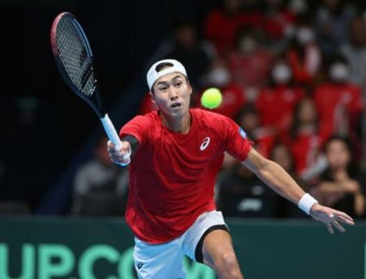 日本―オーストリア シングルス第1試合でプレーする綿貫陽介=有明コロシアム