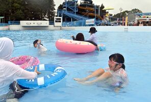 営業開始した一万人プールで水遊びする来園者たち＝14日午前11時30分、真岡市下籠谷