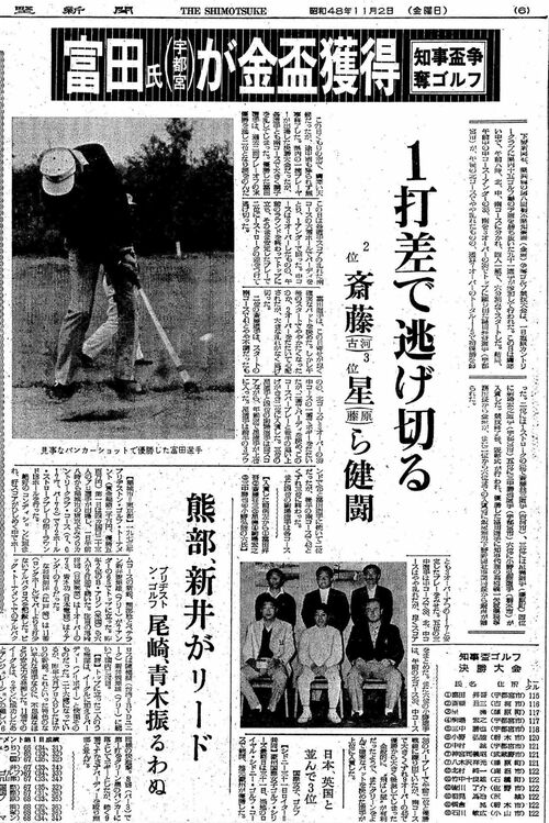 富田の初優勝を報じた下野新聞記事（1973年11月２日付）
