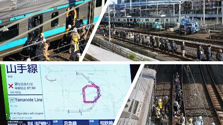 　停電により運転を見合わせた山手線・京浜東北線の現場周辺と、運行情報表示を組み合わせたコラージュ