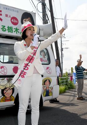 街頭でドライバーに政策を訴える加藤氏＝17日午後、佐野市内