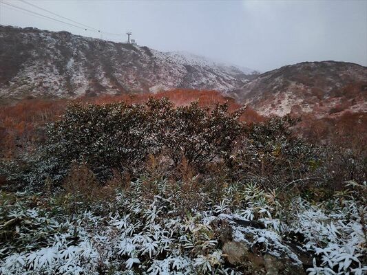 初雪がうっすらと積もった那須岳＝２２日午前５時30分ごろ、那須町湯本（那須ロープウェイ提供）