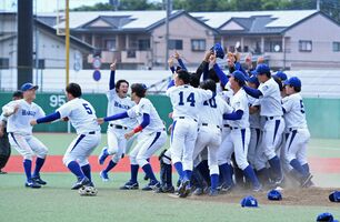 優勝が決まりマウンドに駆け寄る白鴎大の選手たち＝上武大野球場