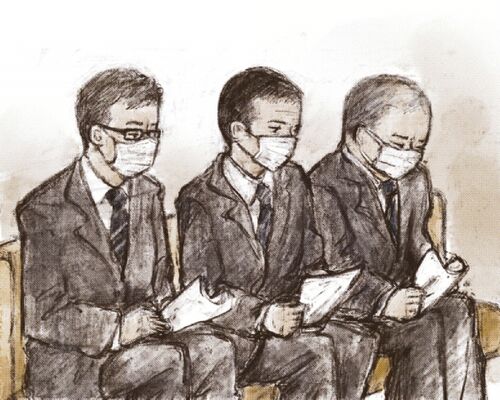 那須雪崩事故の初公判で起訴状の写しを手に検察側の主張を聞く3被告(イラスト・下野新聞社グラフィックス部、控訴審の法廷画ではありません)