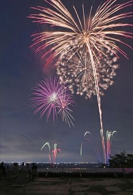 千発が初夏の夜空を彩った花火イベント（30秒間露光）