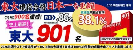 【速報】東進生 現役合格 東大901名　東進史上初、900名突破！ 日本一の実績を更新 