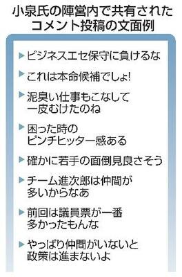 　小泉氏の陣営内で共有されたコメント投稿の文面例