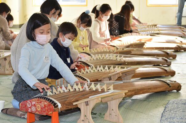 琴の弾き方を学ぶ参加者たち