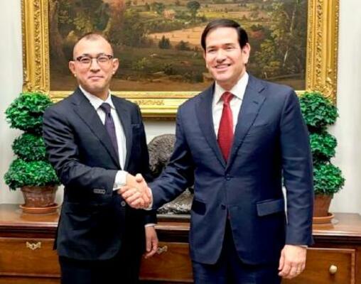 米国のルビオ国務長官(右)と会談した市川恵一国家安全保障局長=20日、ワシントン(内閣官房国家安全保障局提供)