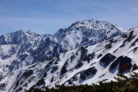　八方尾根からの五竜岳。前日は春の嵐とも言うべき強風で、八方尾根スキー場のゴンドラが止まってしまいましたが、この日は晴れ渡り、五竜岳の向こうには鹿島槍ケ岳もきれいに見えました＝2026年４月12日
