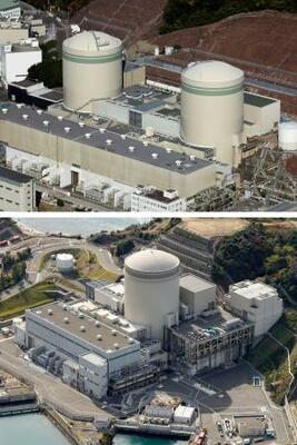 関西電力高浜原発の(上右から)1号機、2号機。下は関西電力美浜原発3号機