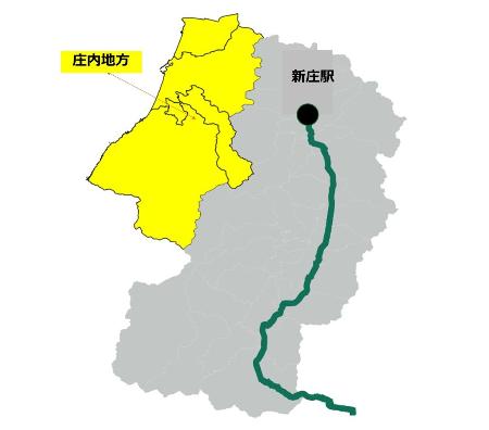 　山形県北西部に広がる庄内地方と、山形新幹線（福島―新庄）の位置関係。国土数値情報を基に編集部作成