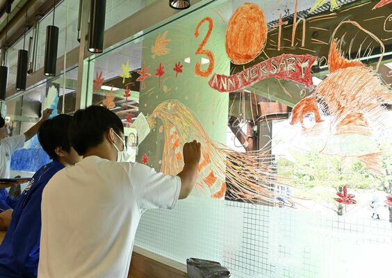 窓に絵を描く芳賀中アート部の生徒