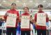 フェンシング成年女子エペで準優勝した本県選抜チーム＝５日午後、上三川町体育館センター
